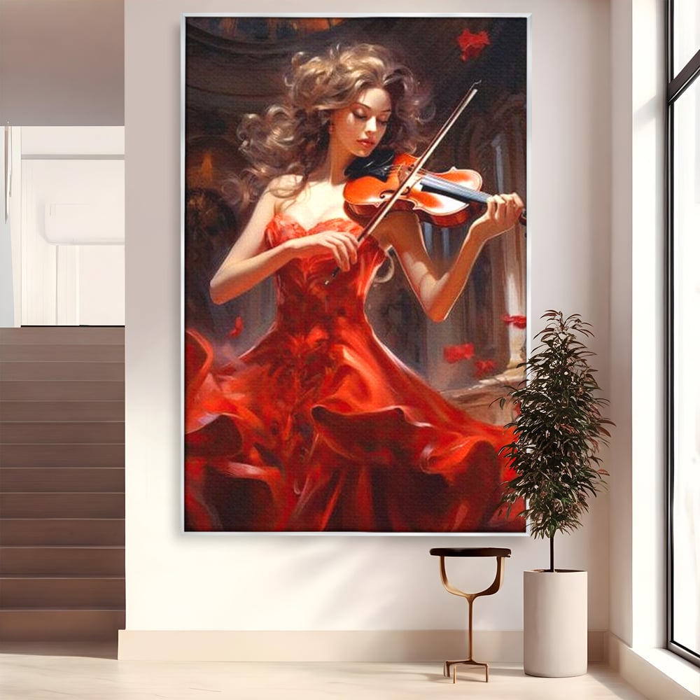 Tablou canvas cu tablou canvas cu femeie violonista, in rama de aluminiu argintiu